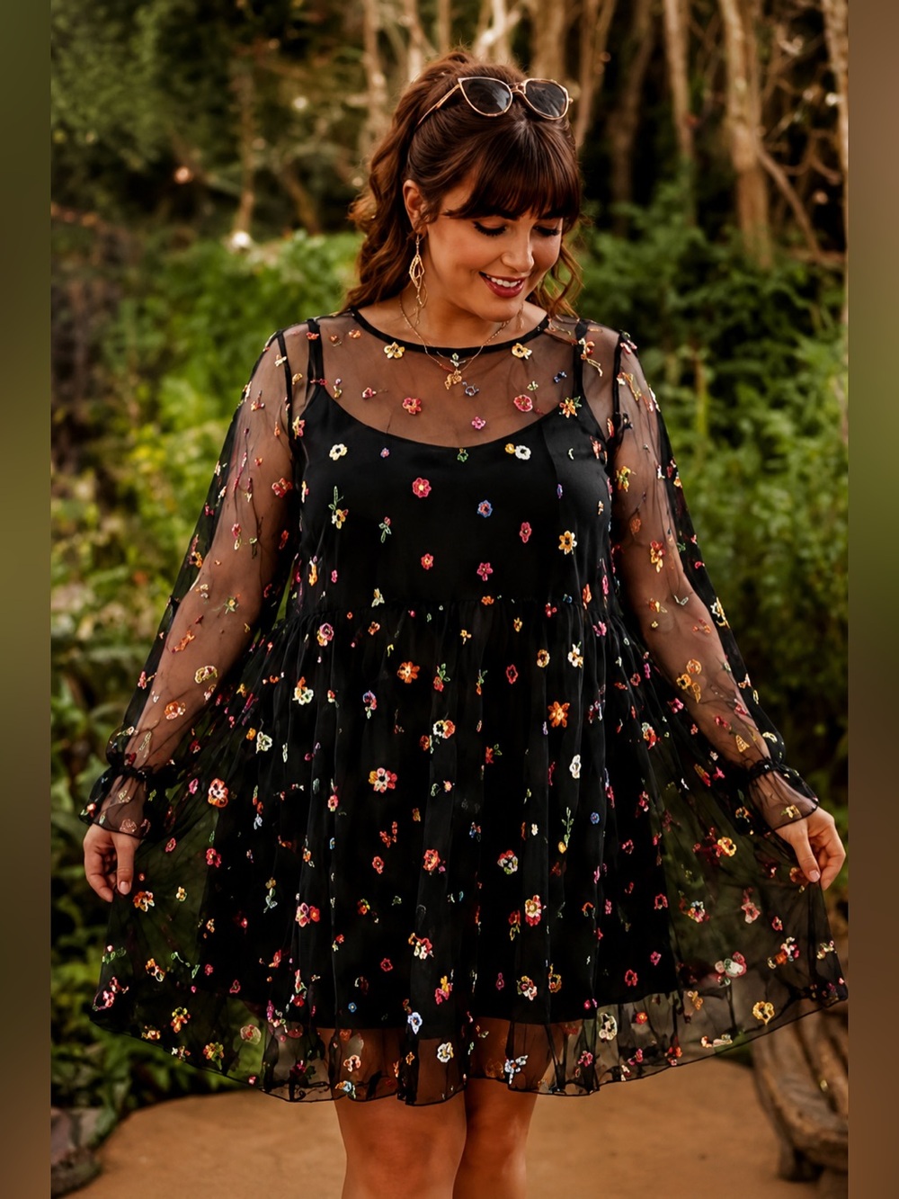 SHEIN Curve 4XL Embroidered Mesh Floral Babydoll Fairycore Dress